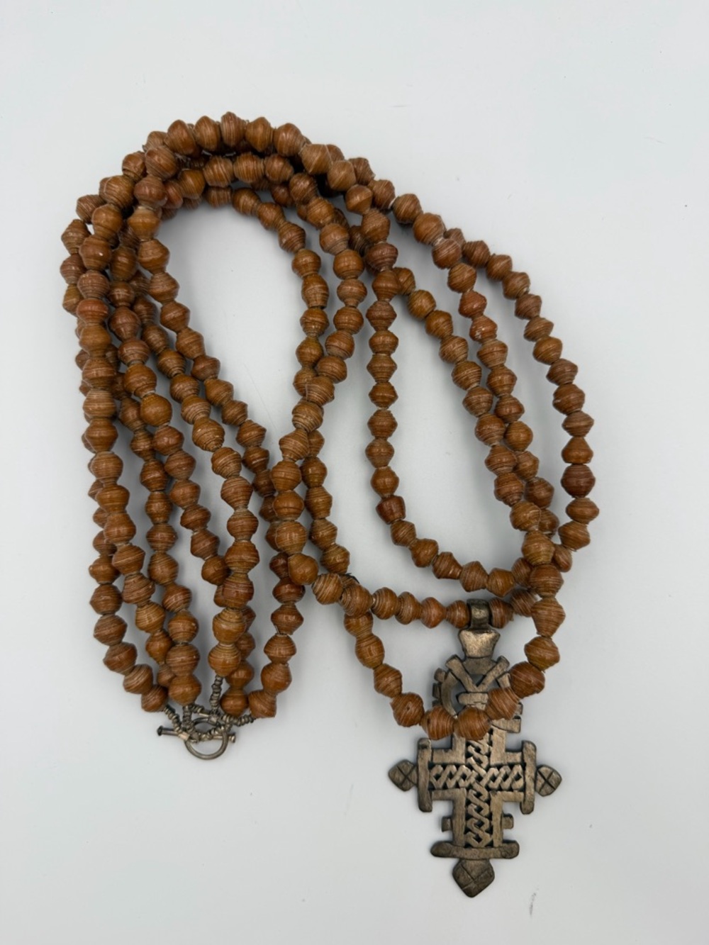 Brown Beaded Necklace with Silver-Tone Cross Pendant